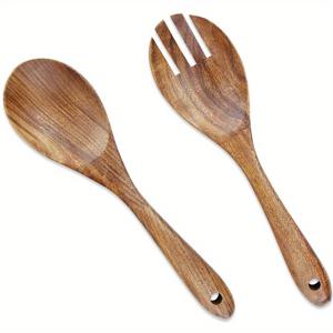 TEMU 2pcs 샐러드 숟가락, 10.2 인치 내구성 나무 칼 세트, 샐러드 믹서 포크와 숟가락, 긴 핸들 샐러드 통, 주방 조리기구