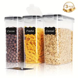 TEMU 3-팩 BPA 프리 플라스틱 밀폐 식품 보관 용기 2.5L, 칠판 라벨 및 마커 포함, 식기 세척기 안전한 래치 잠금 장치가 있는 직사각형 시리얼 디스펜서, 시리얼, 간식, 설탕 - 다목적 주방 정리