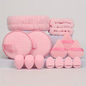 TEMU 헤어 타이 레이지 퍼프 15개 세트. 얼굴 씻기 퍼프 2개 & 메이크업 스펀지 3개 & 삼각 루스 파우더 퍼프 3개 & 미니 에어 쿠션 4개 & 헤드밴드 1개 & 손목 밴드 2개. 일상적인 각질 제거 및 클렌징, 거품 제거 및 페이셜 스크럽에 사용되는 페이셜 스폰지