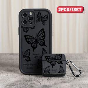 TEMU 2개/1세트 1개 에어팟 3용 이어폰 케이스 및 1개 휴대폰 케이스 블랙 할로우 나비 패턴 휴대폰 케이스 아이폰 15 14 13 12 11 Pro Max XR XS Max X 8 7 Plus 2020 Mini SE 에어팟 3 그래픽 헤드폰 FZ3 충격 방지 고급 실리콘 보호 커버