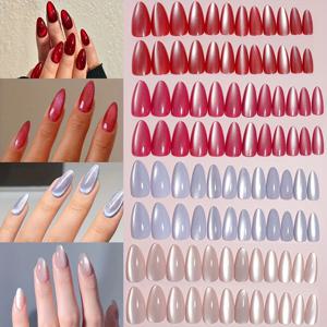 TEMU 우아함을 더하는 96pcs 짧은 아몬드 일상 클래식 미니멀리스트 일본 스타일 캣츠아이 그레이 네이키드 컬러 귀여운 글리터 풀 커버 프레스온 네일 키트 여성용 네일 용품