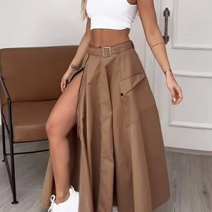 TEMU 여성용 우아한 단색 롱 미디 스커트, 100% 폴리에스터, 지퍼 디테일이 있는 A라인 컨투어, 짜임 직물, 155 g/m², 모든 계절에 다재다능, 벨트 포함