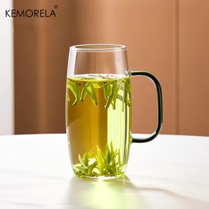 TEMU KEMORELA 열에 강한 유리 차잔 손잡이 포함 - 전자레인지 사용 가능, BPA 프리, 사무실 또는 가정용 재사용 가능, 녹색과 주황색 틴트가 있는 투명 유리, 스타일리시 디자인의 뜨거운 음료용, 사무실 차잔 | 틴티드 글라스 컵 | Bpa프리 소재