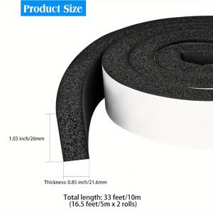 TEMU 2롤 블랙 접착 폼 테이프 - 1.03인치 x 0.85인치 두께 네오프렌 & EPDM 고무 방수 실란트, 창문 문 벽용 고품질 단열 폼 테이프, 플라스틱 목재 유리 금속 표면 스케이트보드 자전거 핸들바 DIY 프로젝트 (총 길이 33피트), 문 단열 | 질감 있는 표면