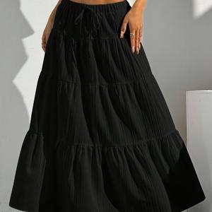 TEMU 여성용 우아한 블랙 드로스트링 맥시 스커트 - 다용도 솔리드 컬러, 러플 디테일, 폴리에스터, 세탁기 사용 가능, 조절 가능한 핏 스커트|러플 밑단 스커트|광택 있는 질감