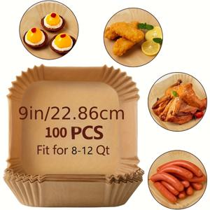 TEMU 100개 사각 종이 에어프라이어 라이너 - 논스틱, 쉬운 청소, 6.3''/7.87'', 일회용, 오븐 안전 베이킹 트레이, 치킨, 감자튀김 등에 완벽, 주방 필수품, 주방 청소 도우미 | 골판지 질감 | 논스틱 종이, 에어프라이어 액세서리
