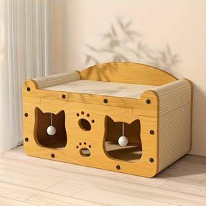 TEMU 2-in-1 고양이 스크래처 및 라운지 베드 - 튼튼한 판지와 매달린 장난감, 사계절 내내 편안함을 제공하는 코지 플레이하우스, 오렌지색과 천연 나무 디자인