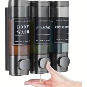 TEMU 3-in-1 벽걸이 샴푸, 컨디셔너 및 바디워시 디스펜서 - 품질, 무드릴 설치, 프탈레이트 프리 플라스틱, 대용량, 가정 및 호텔 욕실에 이상적, 욕실 액세서리 | 모던 욕실 액세서리 | 내구성 있는 플라스틱 디스펜서