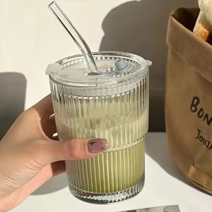 TEMU 재사용 가능한 줄무늬 유리 컵 - 식기 세척기 안전, 차가운 음료, 주스, 커피용 절연 음료 컵 - 홈, 사무실, 파티용으로 사용할 수 있는 타원형 다목적 머그 - 줄무늬 디자인, 유리 구조|텀블러