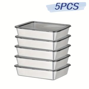 TEMU 5pcs 스테인레스 스틸 식품 보관 용기, 블랙 투명 뚜껑 포함 - 쌓을 수 있음, 샐러드, 과일 등에 완벽함 - 재사용 가능, 냉장고 및 전자레인지 안전, 주방 정리 필수품, 주방 정리 | 쌓을 수 있는 용기 | 내구성 있는 구조, 식품 보관 용기|냉동고