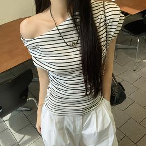 TEMU 여성용 오프숄더 반팔 티셔츠 - 고탄력 슬림핏 블랙 & 화이트 탑, 레트로 한국식 일본풍 캐주얼 여름용 티|빈티지