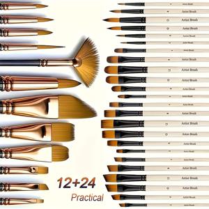 TEMU 36pcs 페인트 브러시 세트 - 아크릴, 오일 및 워터 컬러용 나일론 브리스틀 - 라운드, 필버트, 플랫, 팬, 앵글 및 세부 브러시 포함 - 초보자 및 전문가에게 이상적인 브러시 세트 - 페인팅, 워터 컬러 페인팅 용품에 이상적인 브러시 세트 | 다용도 브러시 세트 | 내구성이 뛰어난 브러시, 페인트 브러시