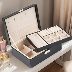 TEMU 1pc 우아한 다중 컴파트먼트 보석 상자 잠금 장치가 있습니다 - 목걸이, 귀걸이, 반지 및 소매가 있습니다 - 내구성이 뛰어난 가죽, 직물 내부, 어머니의 날 및 추수 감사절 선물에 대한 안전한 저장, 보석 보관|우아한 보석 상자|내구성이 뛰어난 가죽 상자, 보석 상자