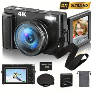 TEMU Zostuic 4K 디지털 카메라 48MP 블로깅용 카메라, 16배 줌, 3인치 180도 플립 스크린, 자동 초점 및 안티셰이크, 유튜브, 라이브 스트리밍을 위한 컴팩트 여행용 카메라, 초보자용 - 32GB SD 카드 및 액세서리 포함, 초보자 사진 촬영 | 세련된 검정색 카메라 | 조절 가능한 설정, 블로그용 카메라|악세사리