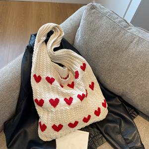 TEMU 발렌타인데이를 위한 여성용 캐주얼 핸드백 및 쇼핑백, 패션 니트 토트백, 하트 그래픽 크로셰 가방