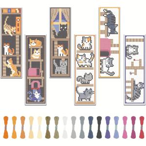 TEMU 6개 세트의 고양이 테마 크로스 스티치 북마크 키트 - DIY 자수 직물 북마크, 다양한 패턴, 실 및 도구가 포함되어 있습니다 - 초보자 및 열혈 팬을 위한 동물 디자인 크래프트 세트 - 올 시즌 직물 크래프트, 완벽한 생일 선물|십자수