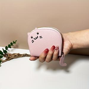 TEMU 고양이 만화 PU 가죽 미니 카드 지갑 동전 지갑 슬롯 및 클러치 지퍼 잠금 장치가 있는 지갑