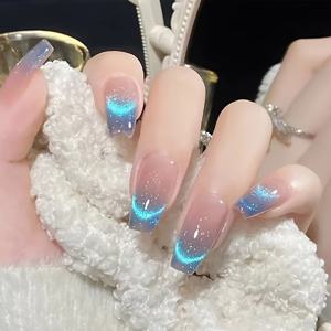 TEMU 오로라 블루 그라데이션 프레스온 네일 24pcs, 효과 글리터 스타일 긴 인조네일 포함 젤리 및 네일 파일