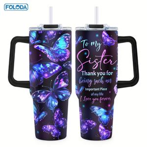 TEMU Foloda 나비 테마 40oz 보온텀블러 스트로우 포함 - 생일, 크리스마스, 등에 완벽한 자매 선물 - 스테인리스 스틸, PVC 무함유, 러닝 및 야외 활동에 이상적, FOLODA