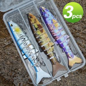 TEMU 3개 멀티 조인트 낚시 미끼 세트, ABS 소재 스윔베이트, 세그먼트 하드 베이츠, 후크 포함, 자외선 반사 코팅, 담수/해수 낚시용 플라스틱 상자 포장 인공 미끼 키트