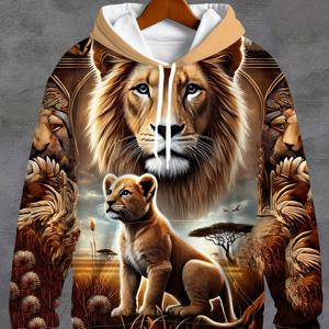 TEMU 3D 남성 성스러운 사자와 어린 사자 패턴 긴팔 캐주얼 후드 집업, 끈 조절 주머니, 패셔너블 패턴 후드 재킷 스포츠 패션 스포츠 캐주얼 데일리 봄과 가을 상의