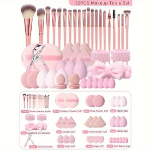 TEMU 52PCS 나일론 브러시 메이크업 브러시 세트 - 20개의 팜 브러시, 6개의 뷰티 스폰지, 6개의 미니 스폰지, 6개의 삼각형 파우더 퍼프, 6개의 미니 에어 쿠션 퍼프, 4개의 라운드 퍼프, 속눈썹 컬러, 헤드밴드, 일반 피부용 2개의 손목 밴드, ABS 막대 재질, 무향|머리띠