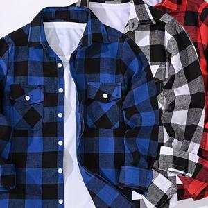 TEMU 3pcs 남성용 체크 패턴 버튼업 셔츠 - 가슴 포켓, 긴 소매, 칼라 넥, 일상 및 휴가용 캐주얼 스트리트웨어, 빨간색, 파란색, 검은색 컬러 트리오 팩, 모든 계절에 편안한 핏, 캐주얼 웨어 | 스타일리시한 체크 패턴 | 버튼업 칼라