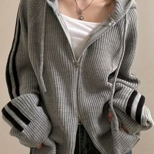 TEMU 폴리에스터 니트 원단, 끈 디테일, 이중 지퍼, 긴팔, 루즈핏, 따뜻한 디자인 - 가을/겨울 패션|가디건