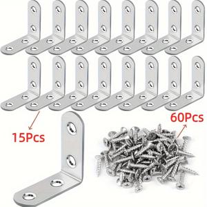 TEMU 75개/세트 1.57x1.57인치 스테인리스 L 브래킷 코너 브레이스, 90도 직각, 64개 나사 포함, 나무 선반, 의자, 테이블, 옷장, 가구 조립, 304 등급