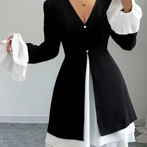 TEMU 1pc 우아한 V넥 컬러 블록 플라운스 슬리브 여성용 드레스, 폴리에스터 A라인 펜듈럼 드레스 봄/가을