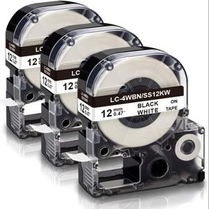 TEMU 3-팩 LC-4WBN 연속 형식 라벨 테이프, 12mm x 흑백, Epson LabelWorks LW-300, LW-400, LW-500, LW-600P, LW-700 프린터와 호환, 영어 텍스트 언어|라벨프린터기