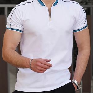 TEMU 남성 캐주얼 반팔 폴로 셔츠 - 베이지색, 검은색 사이드 , 편안한 통기성 소재, 만다린 칼라, 지퍼 디테일, 스포츠, 야외 활동 및 캐주얼 웨어에 적합, 스포츠 캐주얼 웨어 | 디자인 | 편안한 핏|반팔셔츠|반팔니트|골프웨어