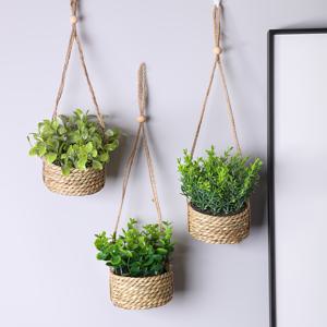 TEMU 3개 인공 유칼립투스와 로즈마리 매달린 화분과 짠 로프 소서 – 10cm/3.94인치 베이스, 매달린 끈 포함 – 실내외 장식, 결혼식, 파티, 계절 축하 행사에 완벽, 홈 데코용 인공 식물