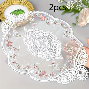 TEMU 2개 빈티지 레이스 플레이스매트, 프렌치 스타일 자수 식탁 매트, 패셔너블한 꽃무늬 크로셰 런치매트 도일리, 홈 키친 웨딩 장식용 홀로우 베이스 매트, 레트로 컵 매트