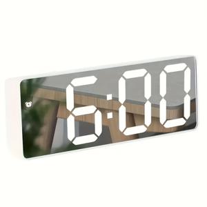 TEMU 1pc LED 거울 책상 알람 시계, Snooze 기능, USB 전원, 날짜 표시, 침실 및 사무실 장식용 직사각형 야간 조명, 평평한 왕관 모양, 무선 충전 기능, ≤36V 작동 전압, 플라스틱 재질, 돌아오는 학교에 완벽합니다.