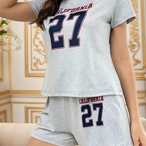 TEMU 여성 캐주얼 27번 프린트 반팔 상의 및 반바지 파자마 세트, 폴리에스테르 95% 엘라스테인 5%, 크루넥 니트 원단 잠옷, 봄/여름/가을 2벌 세트