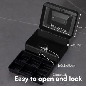 TEMU 1개 컴팩트 금속 돈 상자, 조합 자물쇠, 6인치 내구성 있는 보안 자물쇠 상자, 돈 트레이 포함, 광택 있는 블랙 마감, 15 x 12 x 9cm - 사무실이나 가정용 이상적, 안전한 돈 보관|슬림한 블랙 마감|헤비듀티 금고