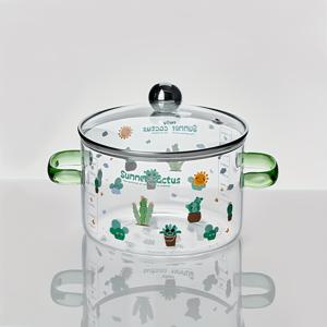 TEMU 54oz 보로실리케이트 유리 냄비 카투스 패턴 귀여운 투명한 녹색 손잡이가 있는 열 저항성 투명한 국 냄비, 주방용품