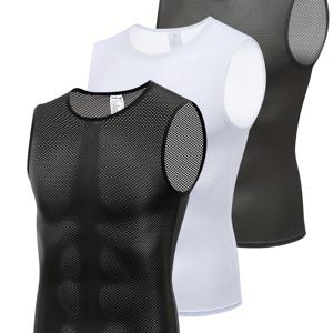 TEMU 3pcs 남성용 통기성 슬리브리스 사이클링 베이스 레이어 - 퀵 드라이 사이클링 언더셔츠, 대비 메쉬 디테일, 스포츠 및 야외 활동용 고스트레치 재질, 스포츠 속옷 | 메쉬 디테일 탑 | 스트레치 재질|자전거|남자나시