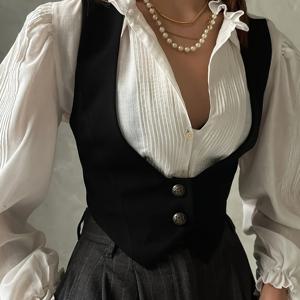 TEMU 여성용 블랙 V넥 가디건, 진주 디테일 포함 - 캐주얼 폴리에스터 슬리브리스 자켓, 올시즌 착용