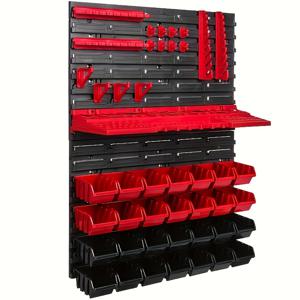 TEMU 1 세트 47개 DIY 목공 및 자동차 수리 공구 정리 키트, 견고한 차고 공구 랙 시스템, 매달리는 플라스틱 보관함 및 공구 랙 포함, 빨간색 및 검은색 PP 재질, 설치 간편, 조립 필요, 나사, 너트, 볼트, 못, 비즈 및 소형 하드웨어용