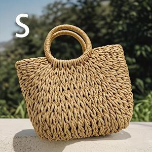 TEMU 1pc 손수 짠 바구니 가방 - 대형, 둥근 손잡이, 자연스러운 라탄 디자인, 여름 해변 및 여행에 완벽, 언라이너, 닫힘 없음, 해변 액세서리|자연스러운 라탄 가방|오픈 탑 가방