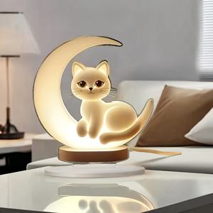 TEMU 2D 평면, 매력적인 보호 스타일 아크릴 고양이 조각상 - 2D 초승달 & 새끼고양이 피규어, 따뜻한 화이트 라이트 베이스, 집과 사무실을 위한 장난기 있는 동물 테마 데스크 장식, 발렌타인데이, 어머니날 등에 완벽함, 휴일용 데스크 액센트 | 장난기 많은 고양이 디자인 | 빛나는 베이스 기능