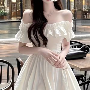TEMU 여성용 섹시한 오프숄더 반팔 드레스 - 화이트 러플 A라인 플레어 헴 여름용 드레스, 봄/여름/가을 캐주얼 및 이브닝 웨어, 우아한 디자인|여름원피스|가을원피스