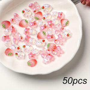 TEMU 50/100개 풀 뷰티 핑크 3D 혼합 레진 만화 토끼 네일 파츠와 귀여운 딸기 & 리본 장식 - 봄/여름 매니큐어용 DIY 반짝이는 네일 아트 액세서리, 네일 참