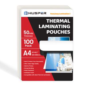 TEMU HUSPER 100개 A4 사이즈 열 접착 시트, 50마이크 클리어 PVC 접착 포장 8.7x12.7인치 (220x308mm) - 둥근 모서리, 방수 및 자외선 차단, 사진 및 문서에 적합, 접착기 호환, 문서 접착 | 투명 접착 포장 | 내구성 있는 접착 물질, 접착 용품