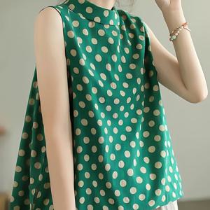 TEMU 여성용 어깨없는 A라인 탑 - 흰색 폴카 도트, 녹색, 원형 목, 풀오버 스타일, 정상적 핏, 전 계절 다용도, 어깨없는 탑|폴카 도트 패턴|A라인 실루엣