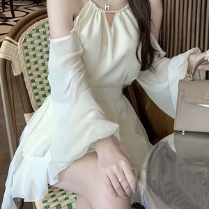 TEMU 우아한 프렌치 쉬폰 오프숄더 긴팔 드레스 - 화이트 러플 레이어드 미니 드레스와 박쥐소매, 반투명 & 허리 조임 디자인으로 매력적인 핏, 봄/여름 외출에 완벽한 귀여운 드레스|쉬폰원피스