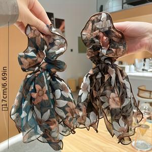 TEMU 2pcs 우아한 프랑스 빈티지 셔폰 헤어 액세서리 세트 - 달콤한 스타일 블랙 & 그린 꽃 장식 헤드밴드, 나비 노트가 있는 다용도 리본 포니테일 클립, 여성용 귀여운 헤어 액세서리
