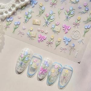TEMU 1개 컬러풀 튤립 & 리본 네일 아트 스티커 - 꽃 정원 테마 자체 접착 3D 릴리프 스티커, 봄 여름 DIY 매니큐어 장식용 생동감 있는 튤립 & 리본, 손발용 내구성 폴리우레탄 네일 참, 꽃 네일 스티커, 개인 미용 액세서리, 섬세한 디테일